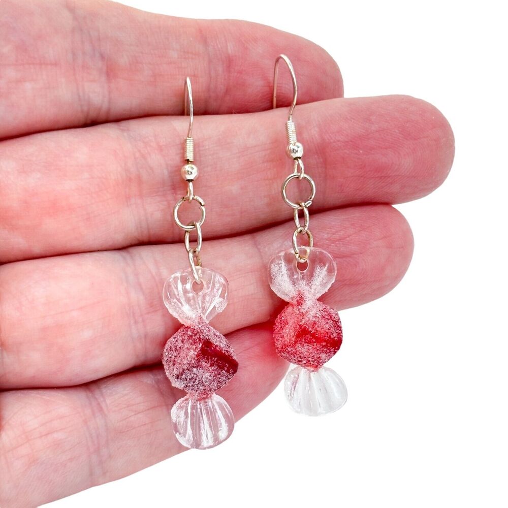 Vintage Sterling Silver 925 Red Candy-Inspired Plastic Bead Dangle Earrings
